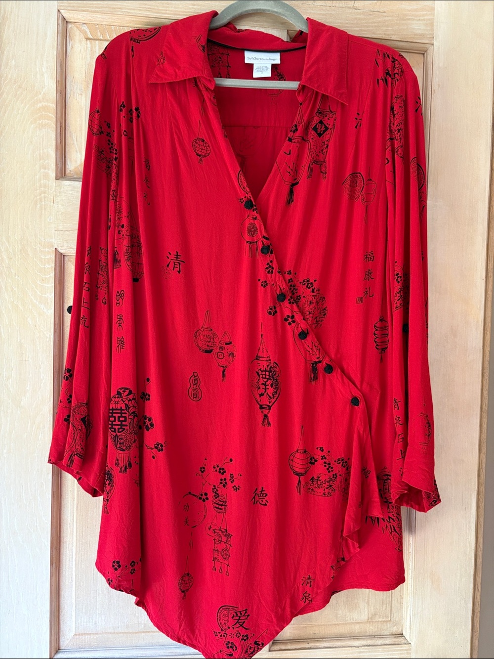 Soft Surroundings Red Wrap-Style Tunic with Asian Print 1X
